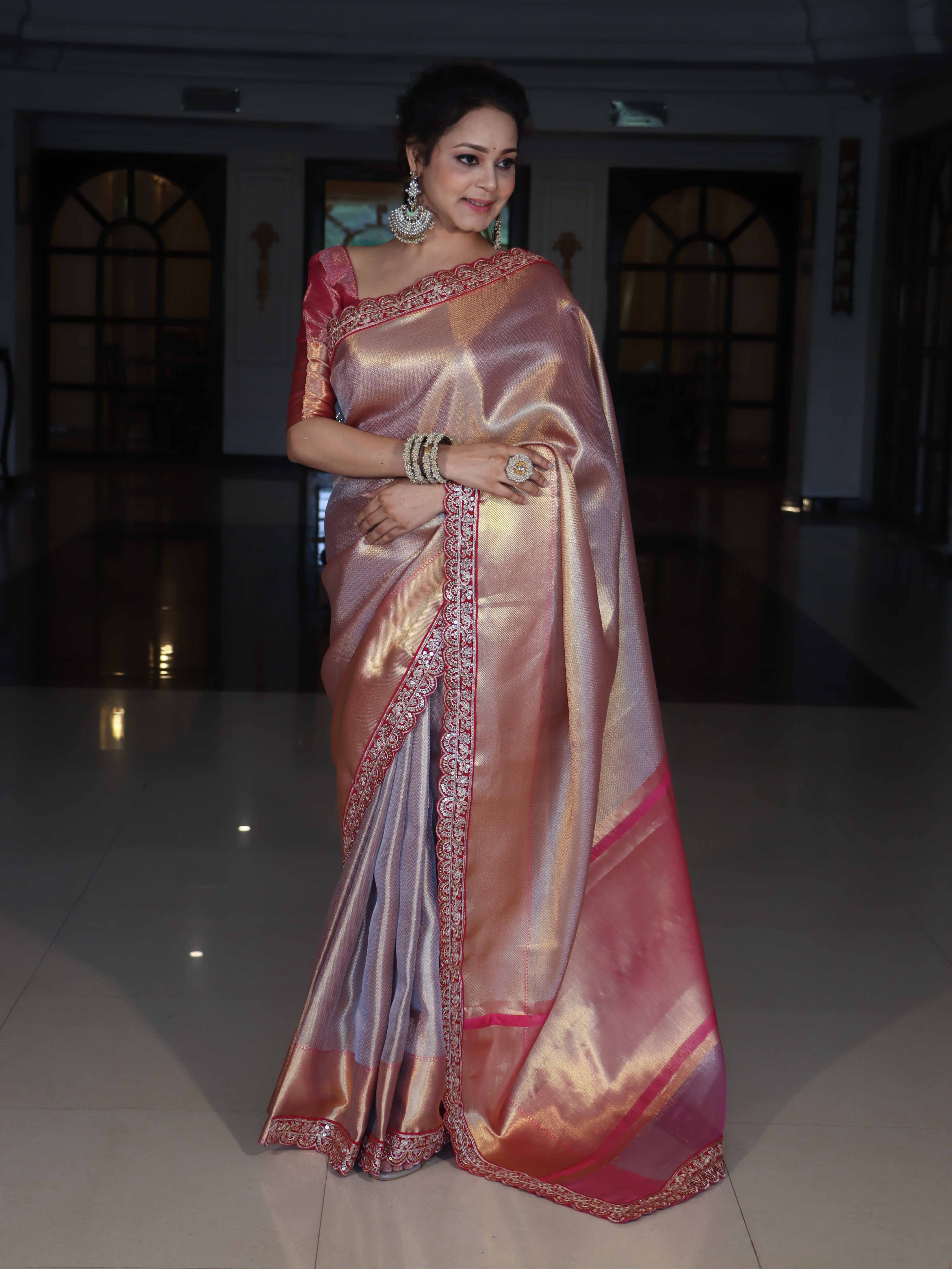 Banarasee Handwoven Tissue Saree With Silver Zigzag Pattern & Lace-Light Pink (Dual Tone)