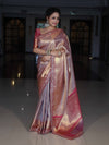 Banarasee Handwoven Tissue Saree With Silver Zigzag Pattern & Lace-Light Pink (Dual Tone)