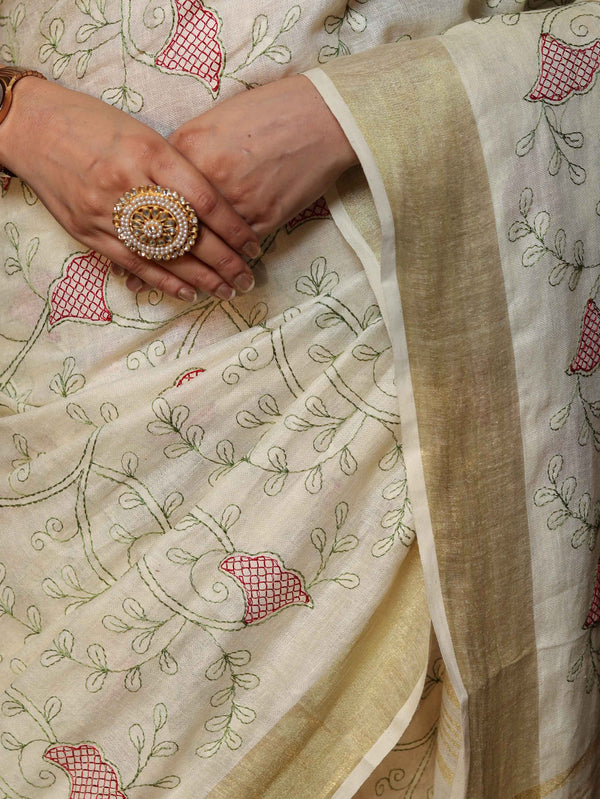 Bhagalpur Handloom Pure Linen Saree With Floral Thread Embroidery-Off White