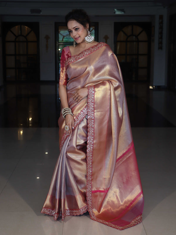 Banarasee Handwoven Tissue Saree With Silver Zigzag Pattern & Lace-Light Pink (Dual Tone)