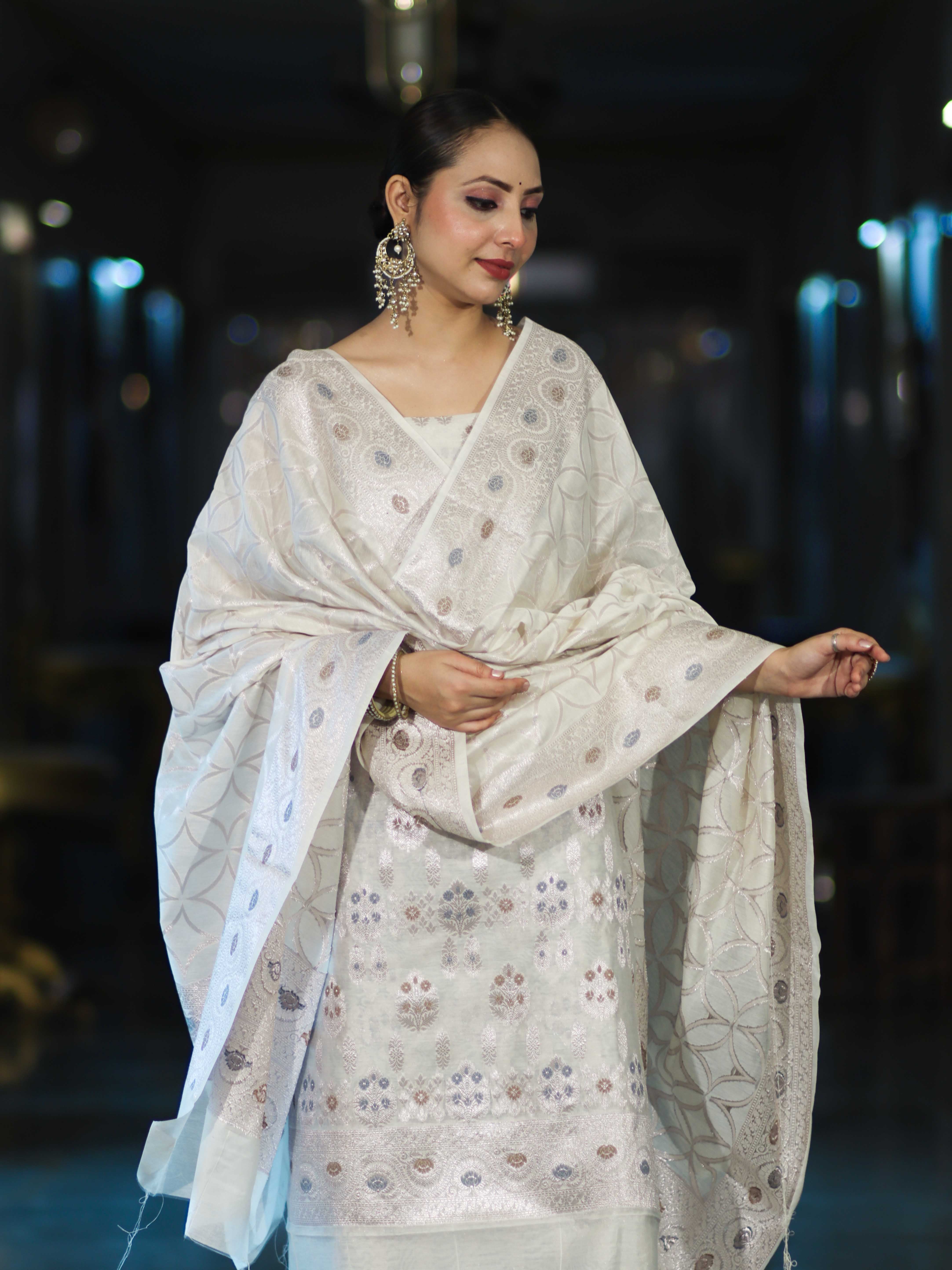 Banarasee Cotton Silk Zari Work Salwar Kameez Fabric With Dupatta Set-White