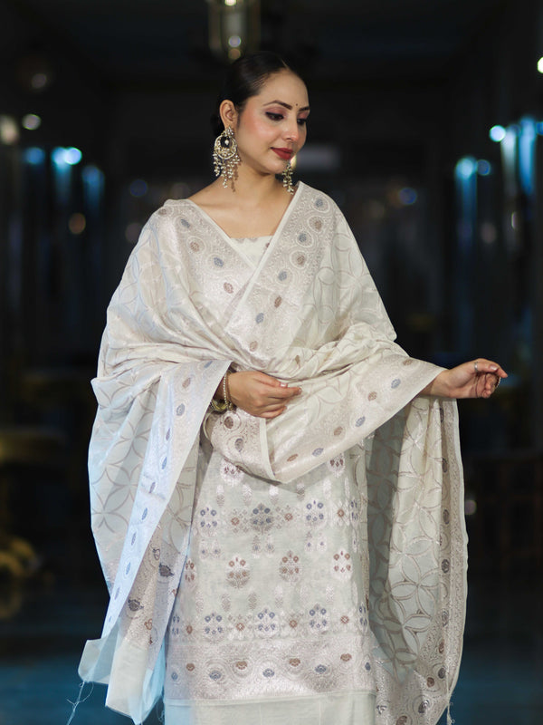 Banarasee Cotton Silk Zari Work Salwar Kameez Fabric With Dupatta Set-White