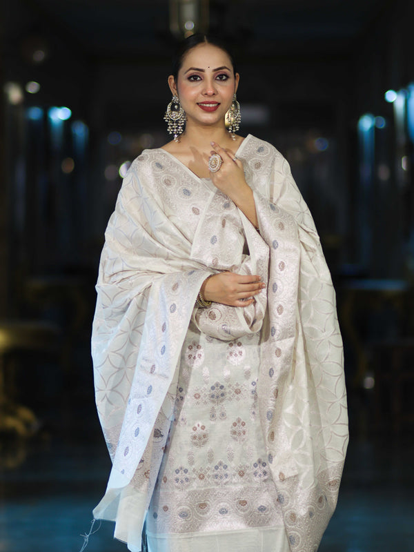 Banarasee Cotton Silk Zari Work Salwar Kameez Fabric With Dupatta Set-White