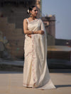 Banarasee Handloom Soft Tissue Shine Saree With Resham Floral Border-Off White