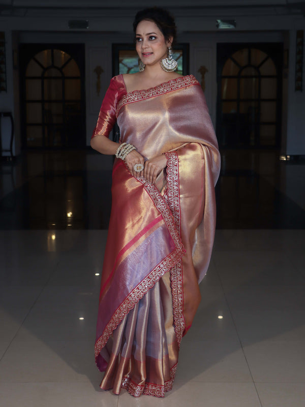 Banarasee Handwoven Tissue Saree With Silver Zigzag Pattern & Lace-Light Pink (Dual Tone)