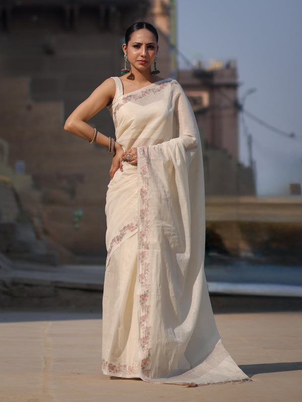 Banarasee Handloom Soft Tissue Shine Saree With Resham Floral Border-Off White
