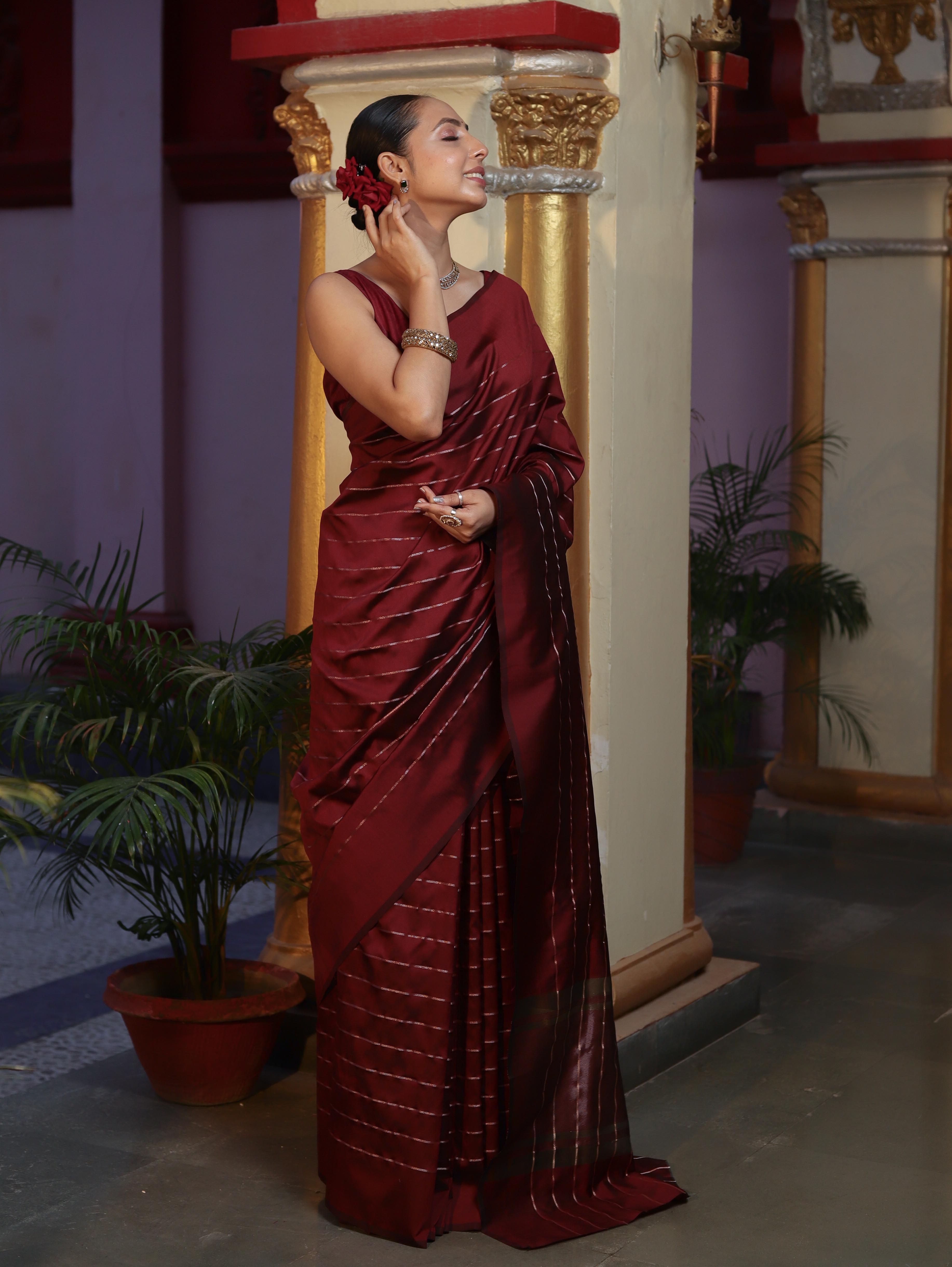Banarasee Handloom Semi Silk Saree With Gold Zari Stripes-Maroon