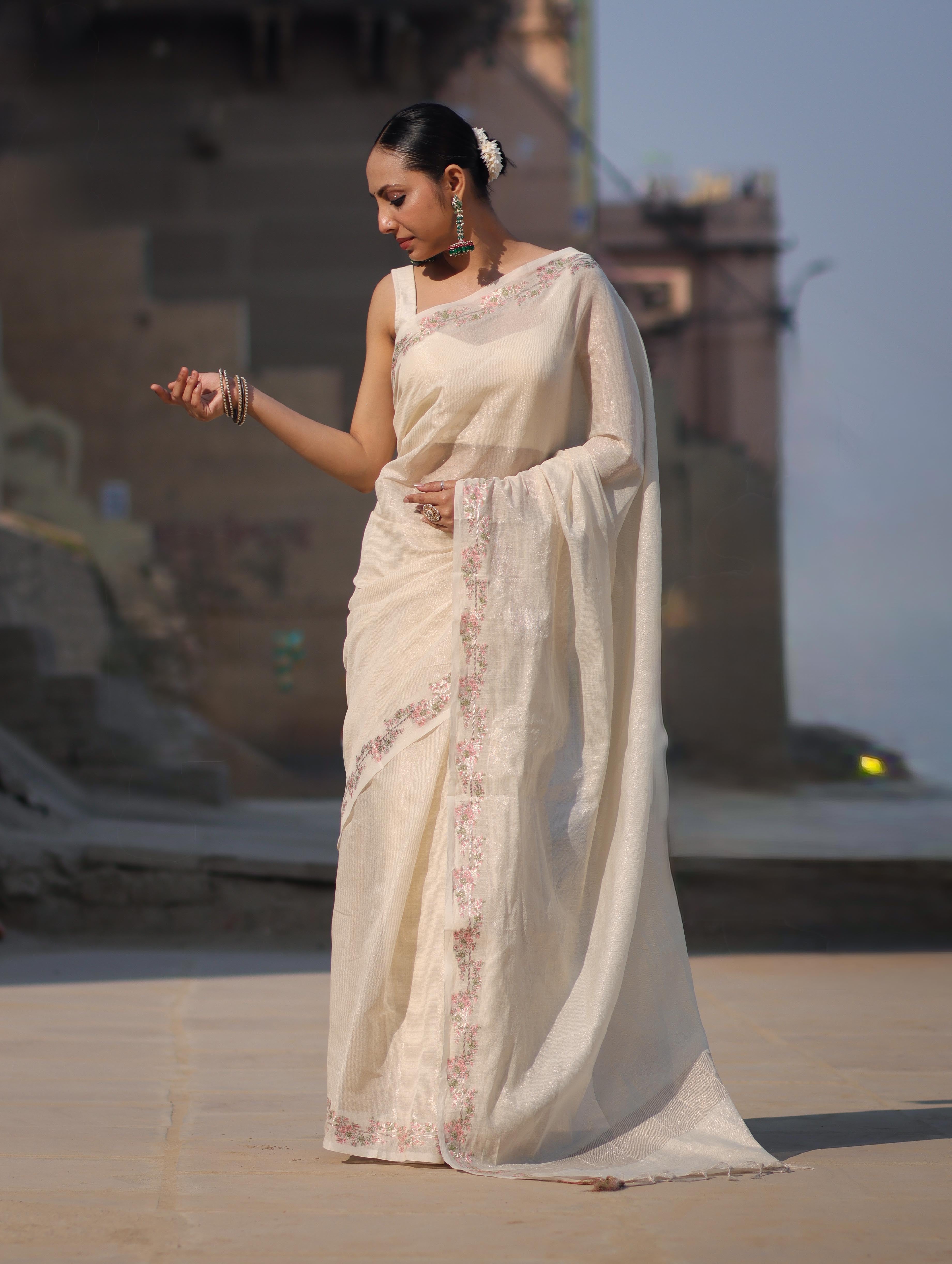 Banarasee Handloom Soft Tissue Shine Saree With Resham Floral Border-Off White