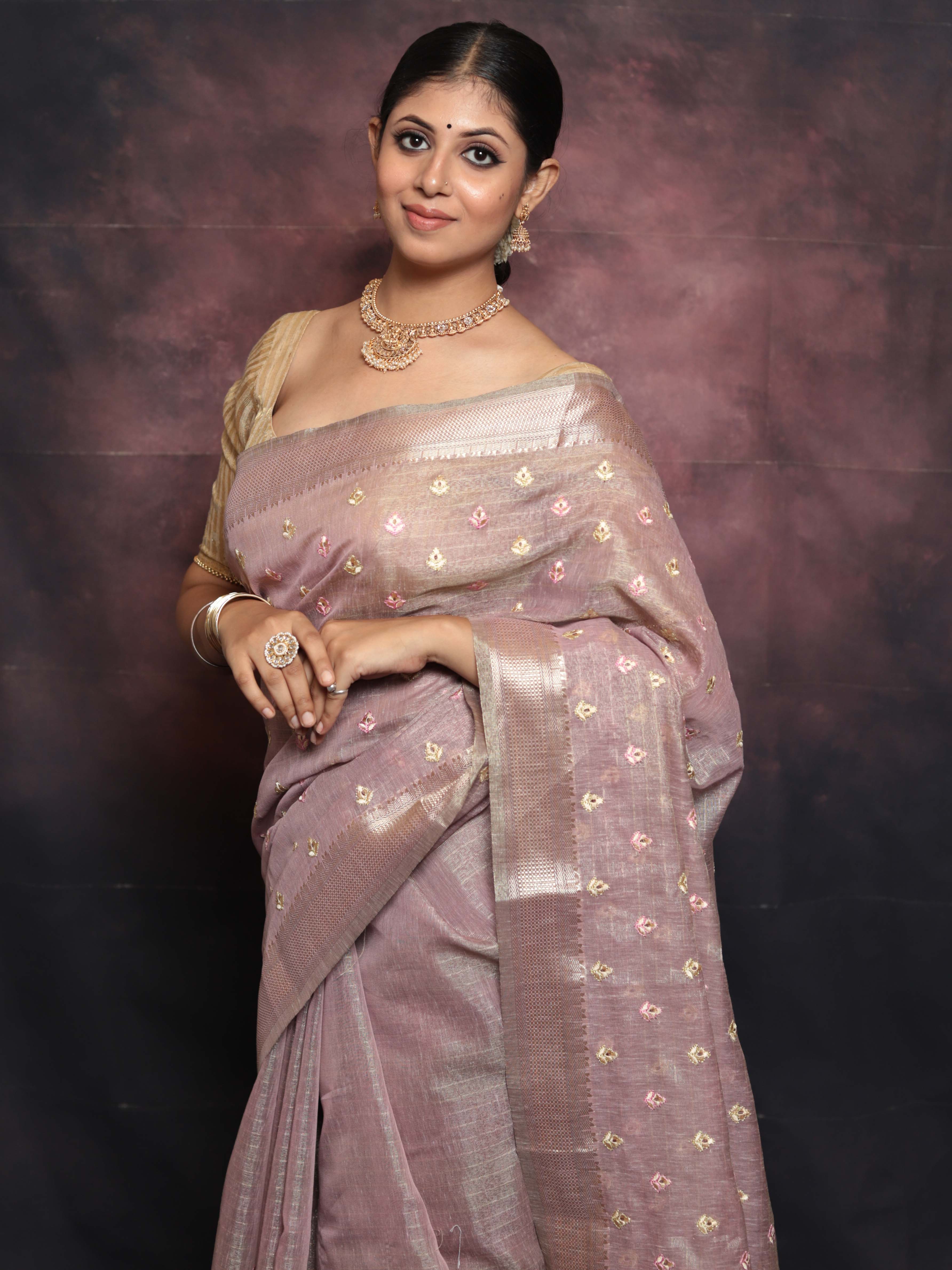 Banarasee Handwoven Zari Border Tissue Saree With Embroidered Floral Buta-Lavender