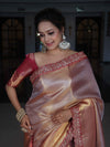 Banarasee Handwoven Tissue Saree With Silver Zigzag Pattern & Lace-Light Pink (Dual Tone)