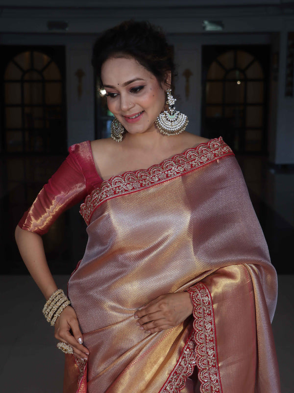 Banarasee Handwoven Tissue Saree With Silver Zigzag Pattern & Lace-Light Pink (Dual Tone)