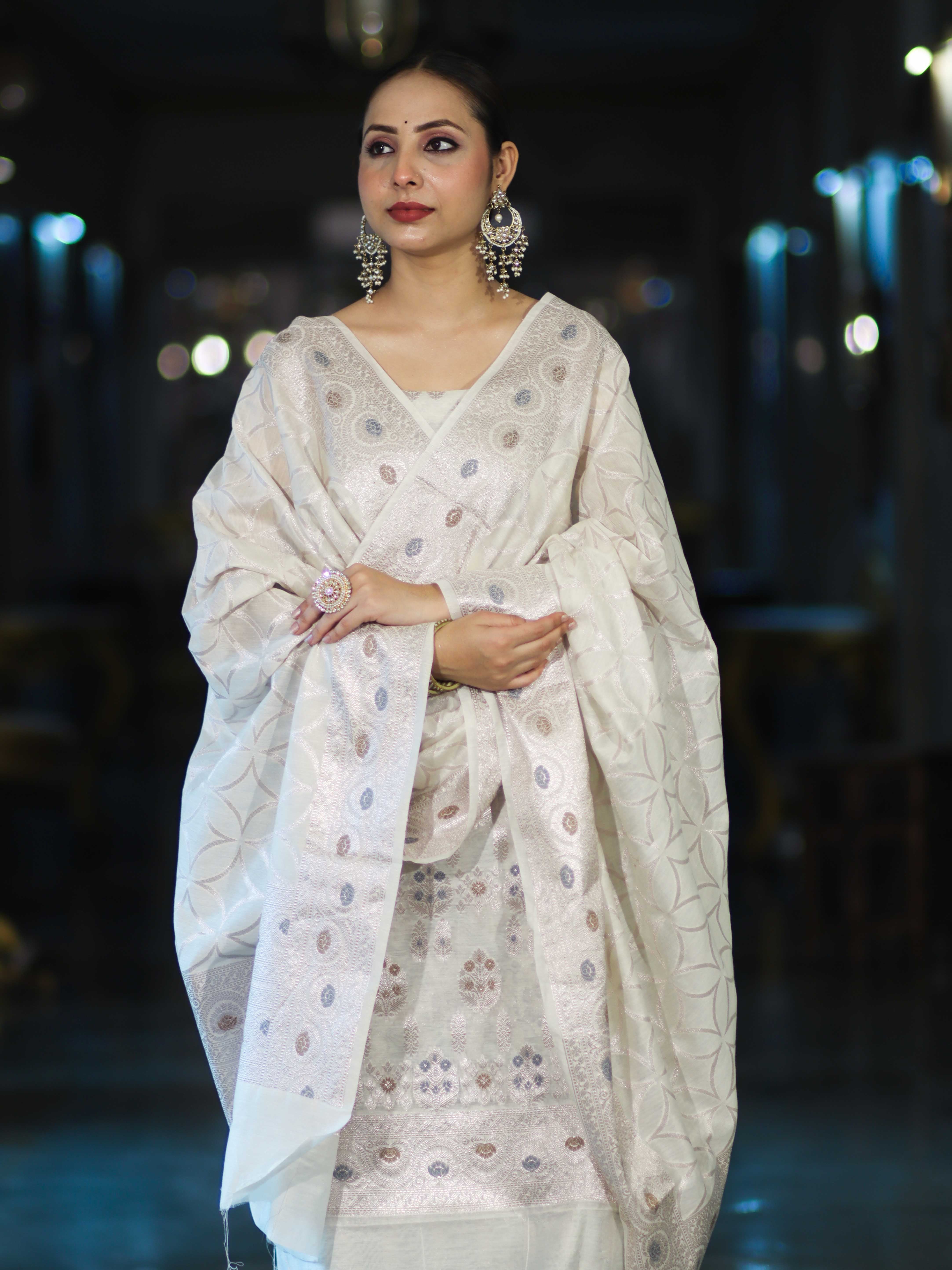 Banarasee Cotton Silk Zari Work Salwar Kameez Fabric With Dupatta Set-White