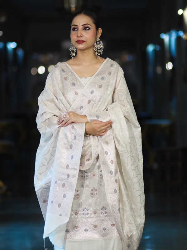 Banarasee Cotton Silk Zari Work Salwar Kameez Fabric With Dupatta Set-White