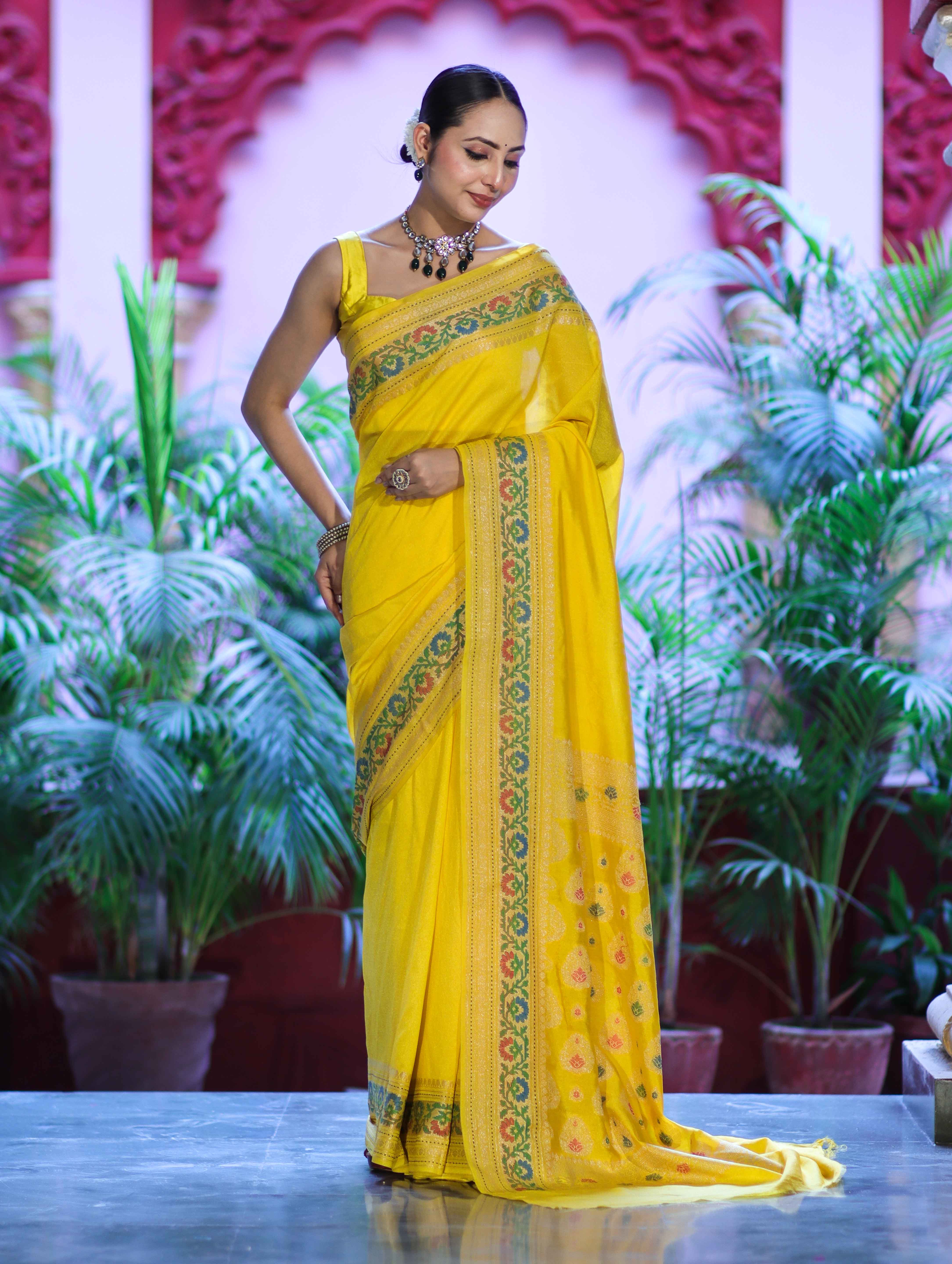 Banarasee Handloom Semi Silk Saree With Floral Zari Border & Meena Work Pallu-Light Yellow
