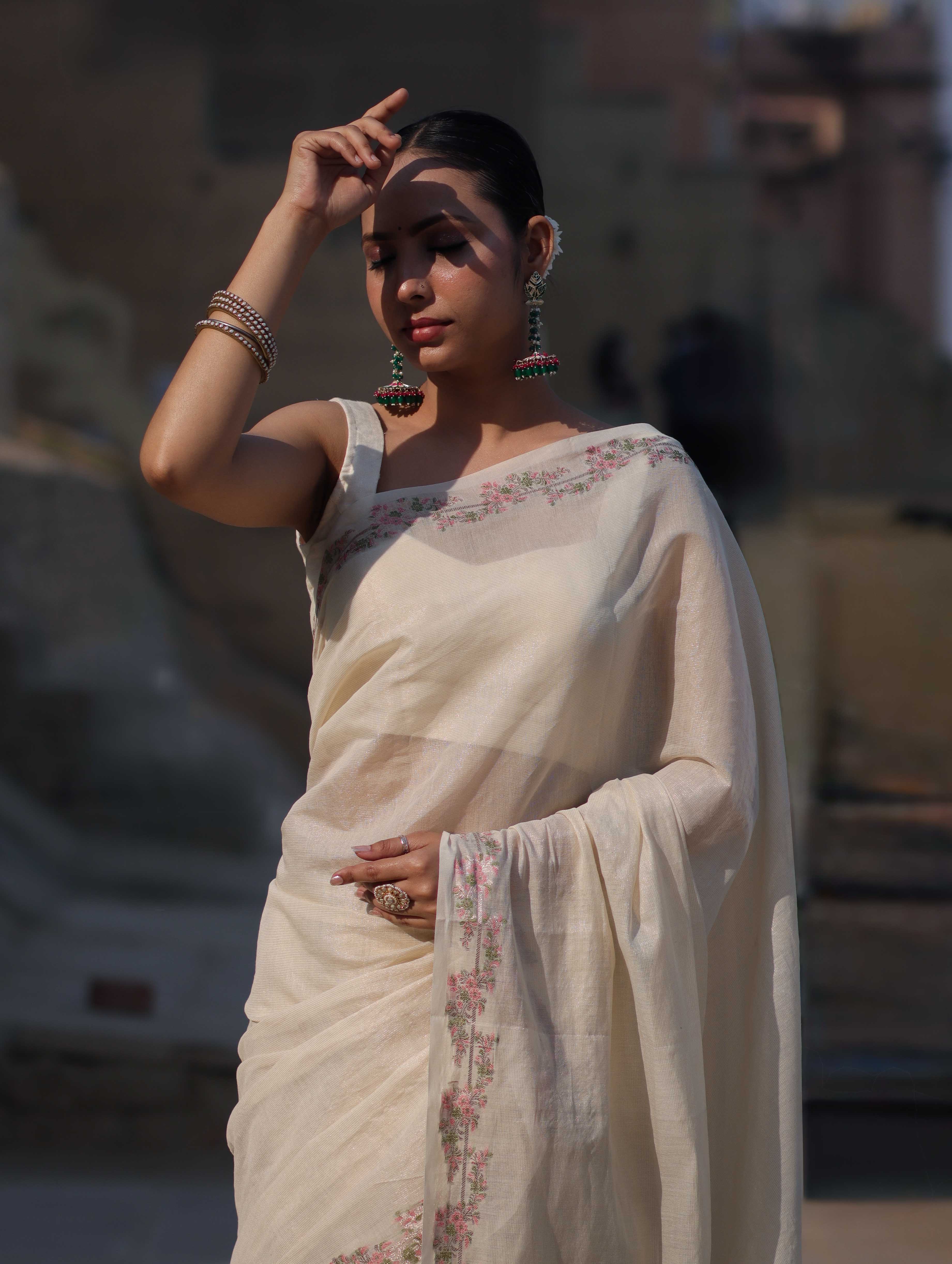 Banarasee Handloom Soft Tissue Shine Saree With Resham Floral Border-Off White