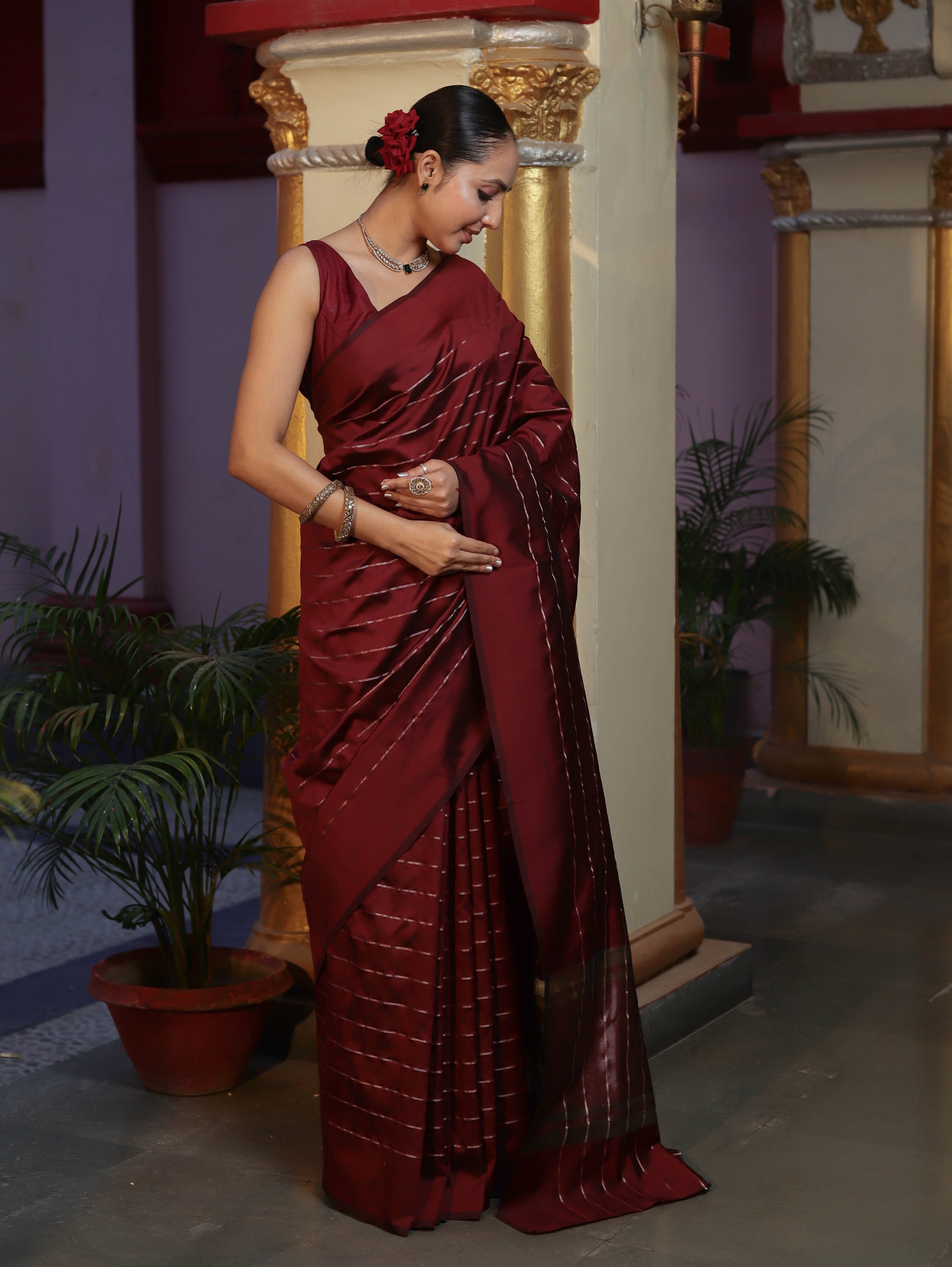 Banarasee Handloom Semi Silk Saree With Gold Zari Stripes-Maroon