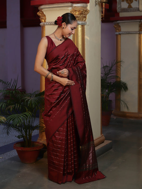 Banarasee Handloom Semi Silk Saree With Gold Zari Stripes-Maroon