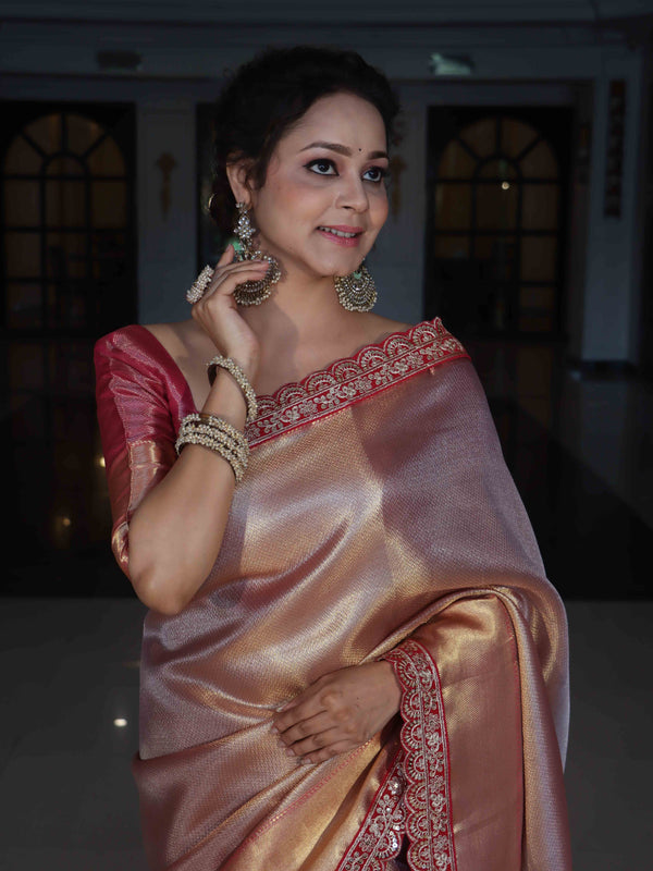 Banarasee Handwoven Tissue Saree With Silver Zigzag Pattern & Lace-Light Pink (Dual Tone)