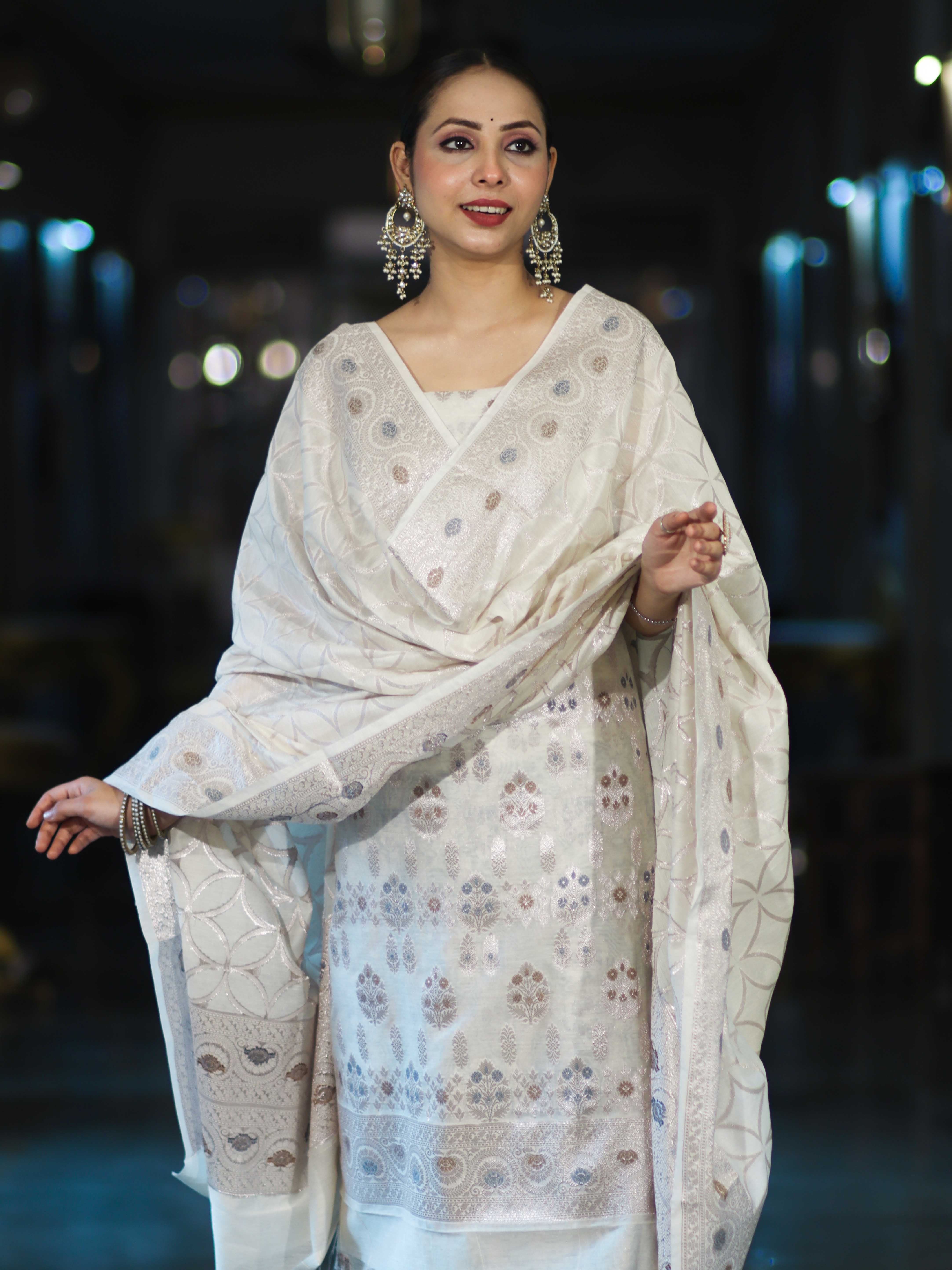 Banarasee Cotton Silk Zari Work Salwar Kameez Fabric With Dupatta Set-White