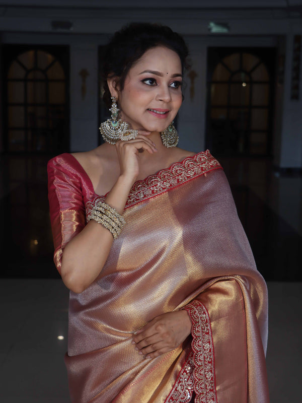 Banarasee Handwoven Tissue Saree With Silver Zigzag Pattern & Lace-Light Pink (Dual Tone)