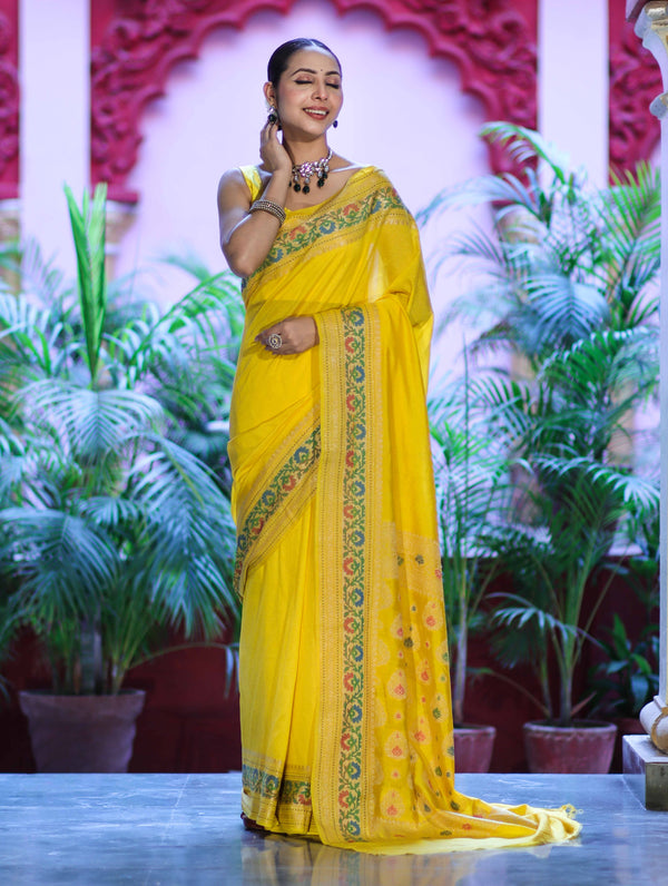 Banarasee Handloom Semi Silk Saree With Floral Zari Border & Meena Work Pallu-Light Yellow