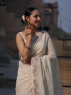 Banarasee Handloom Soft Tissue Shine Saree With Resham Floral Border-Off White