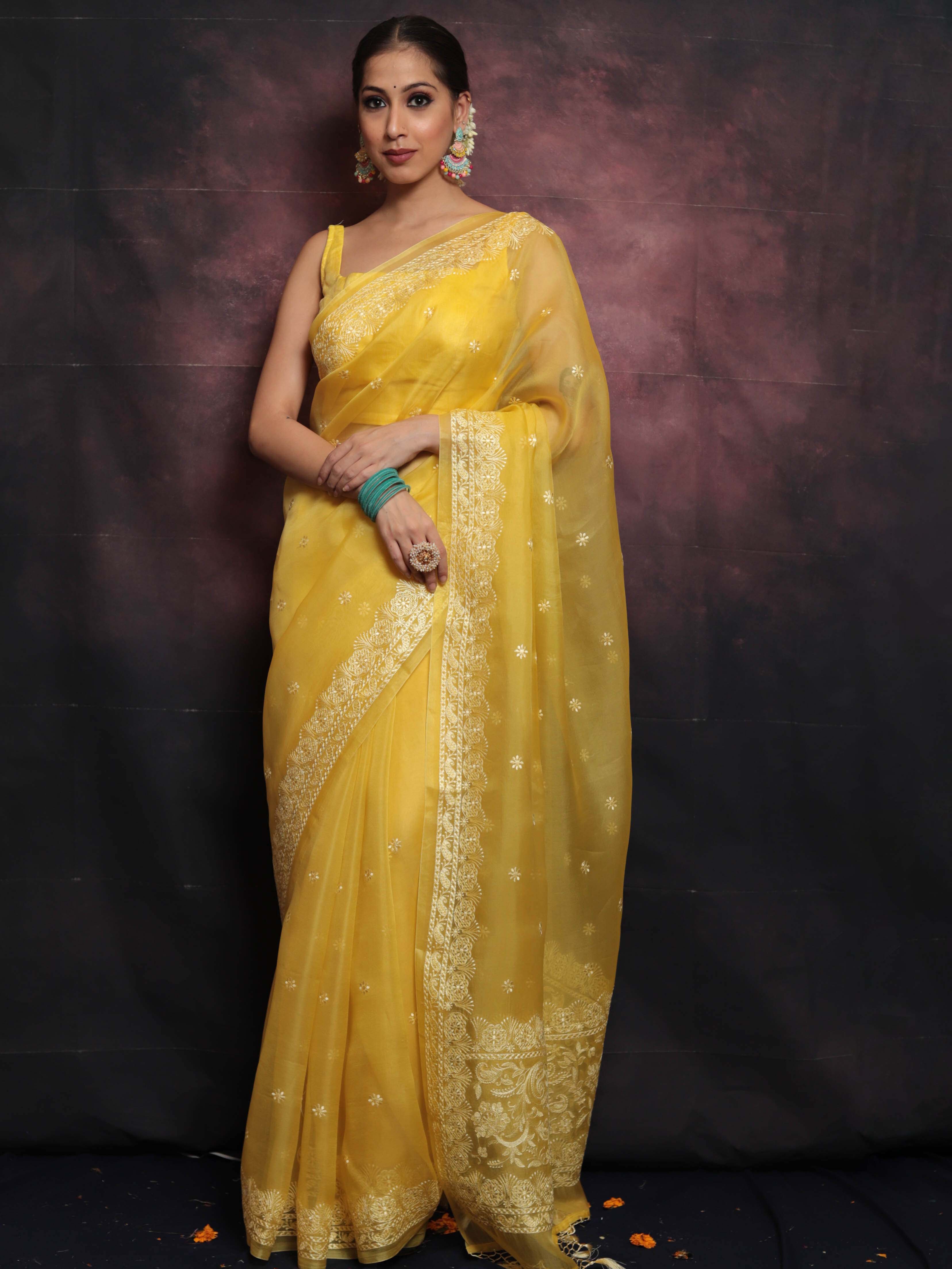 Banarasee Pure Organza Silk Saree With Floral Resham Embroidery-Yellow
