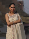 Banarasee Handloom Soft Tissue Shine Saree With Resham Floral Border-Off White