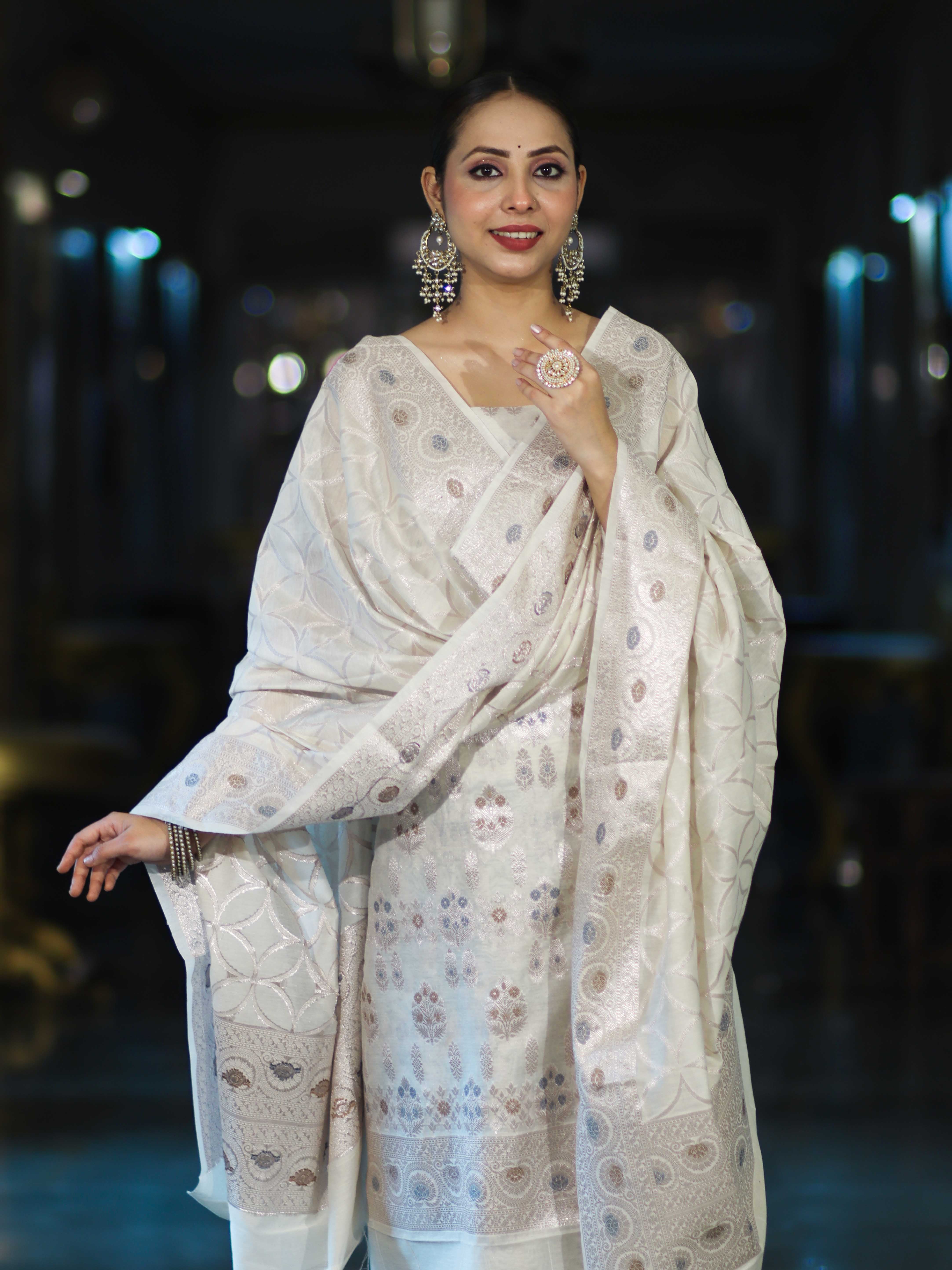 Banarasee Cotton Silk Zari Work Salwar Kameez Fabric With Dupatta Set-White
