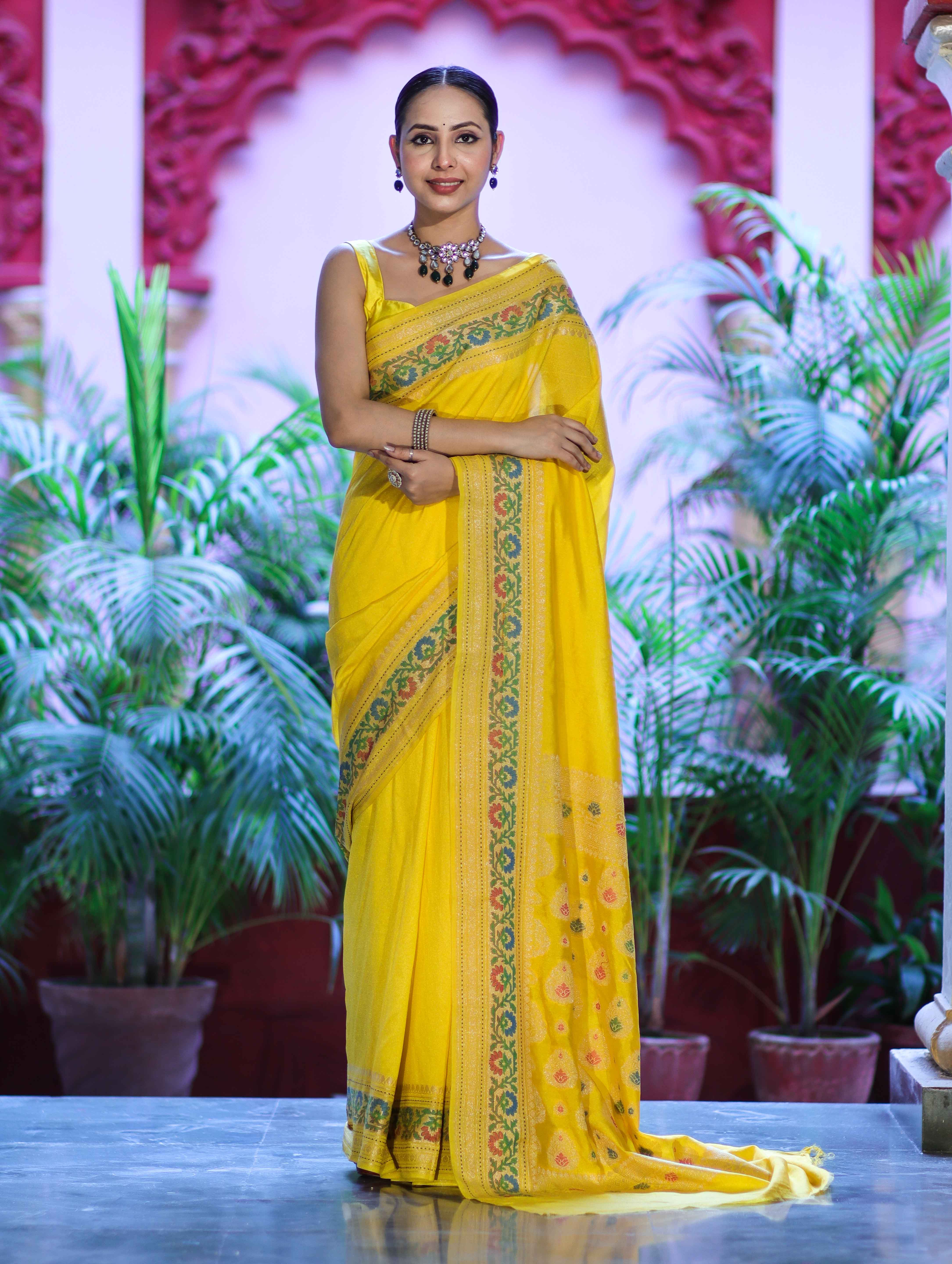 Banarasee Handloom Semi Silk Saree With Floral Zari Border & Meena Work Pallu-Light Yellow