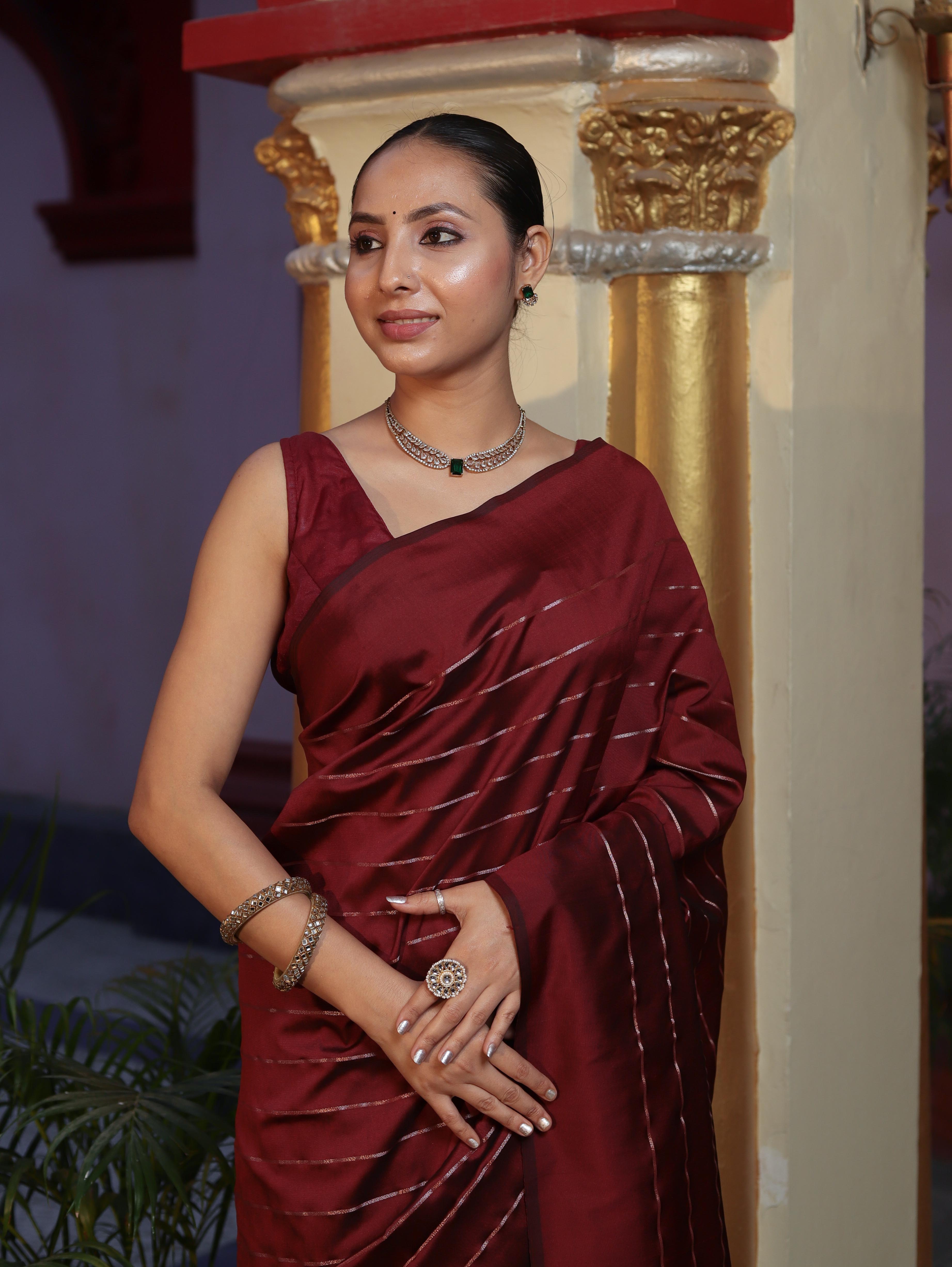 Banarasee Handloom Semi Silk Saree With Gold Zari Stripes-Maroon