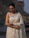 Banarasee Handloom Soft Tissue Shine Saree With Resham Floral Border-Off White