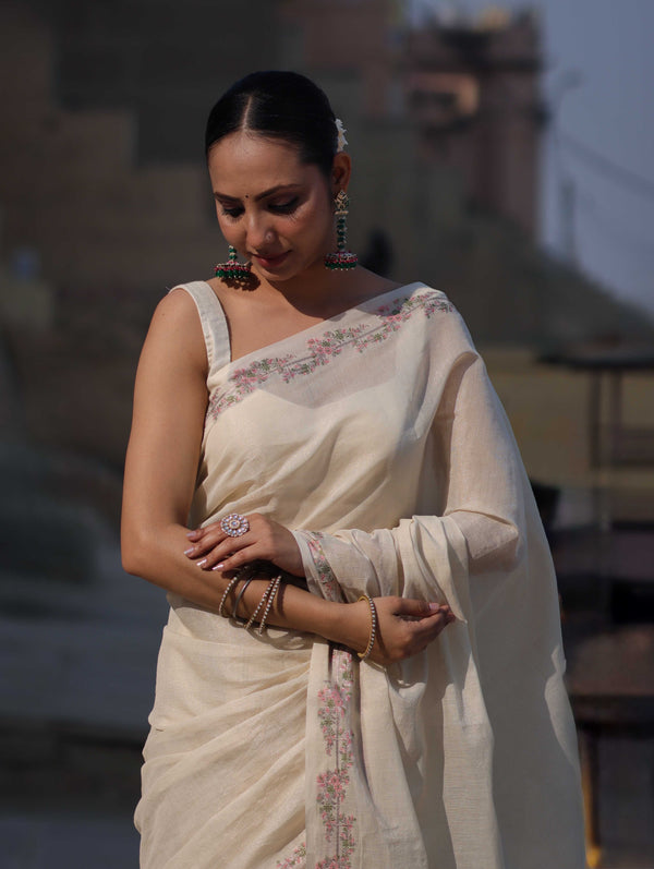 Banarasee Handloom Soft Tissue Shine Saree With Resham Floral Border-Off White