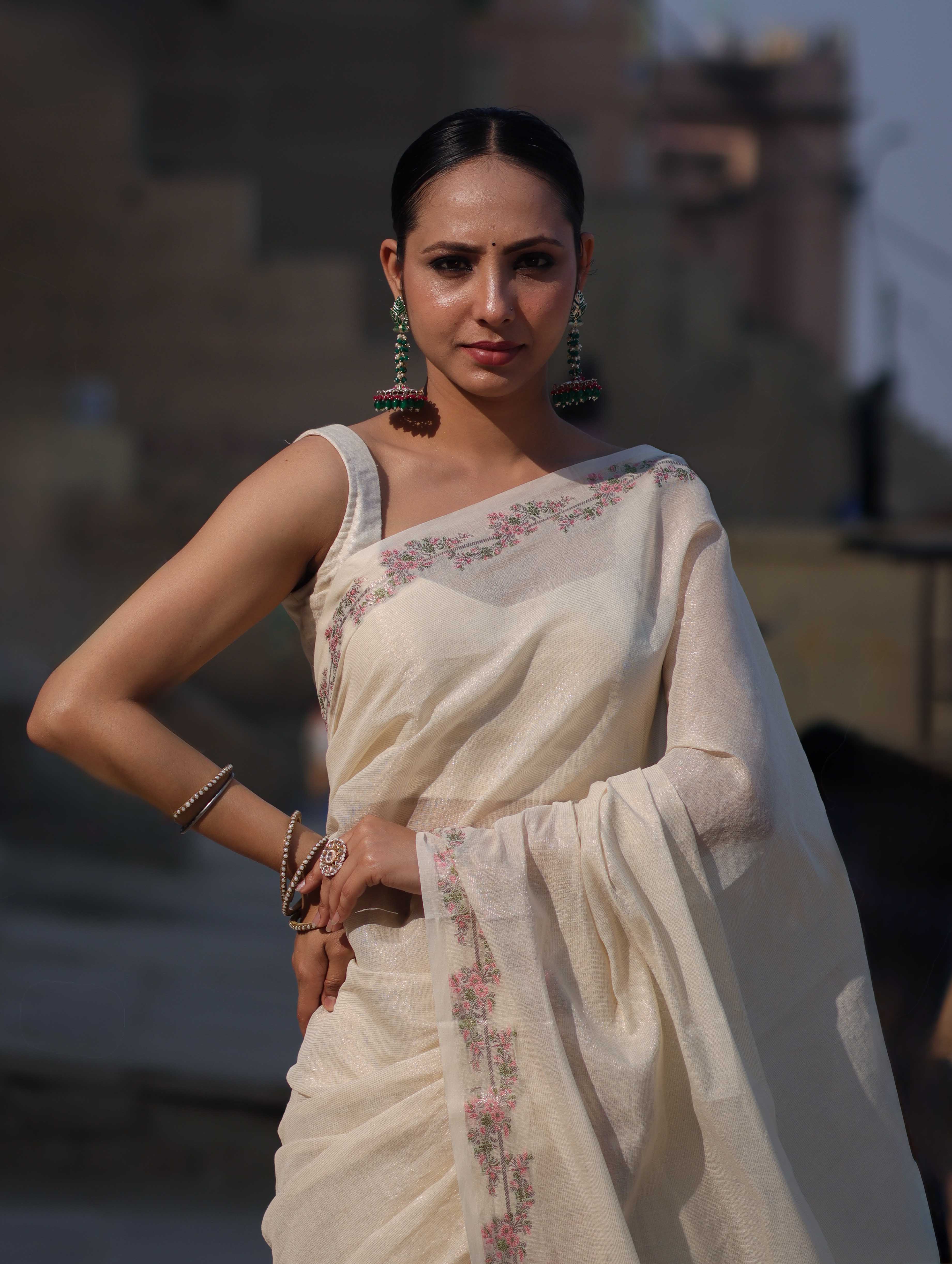 Banarasee Handloom Soft Tissue Shine Saree With Resham Floral Border-Off White