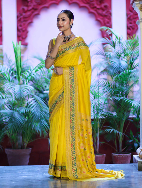 Banarasee Handloom Semi Silk Saree With Floral Zari Border & Meena Work Pallu-Light Yellow