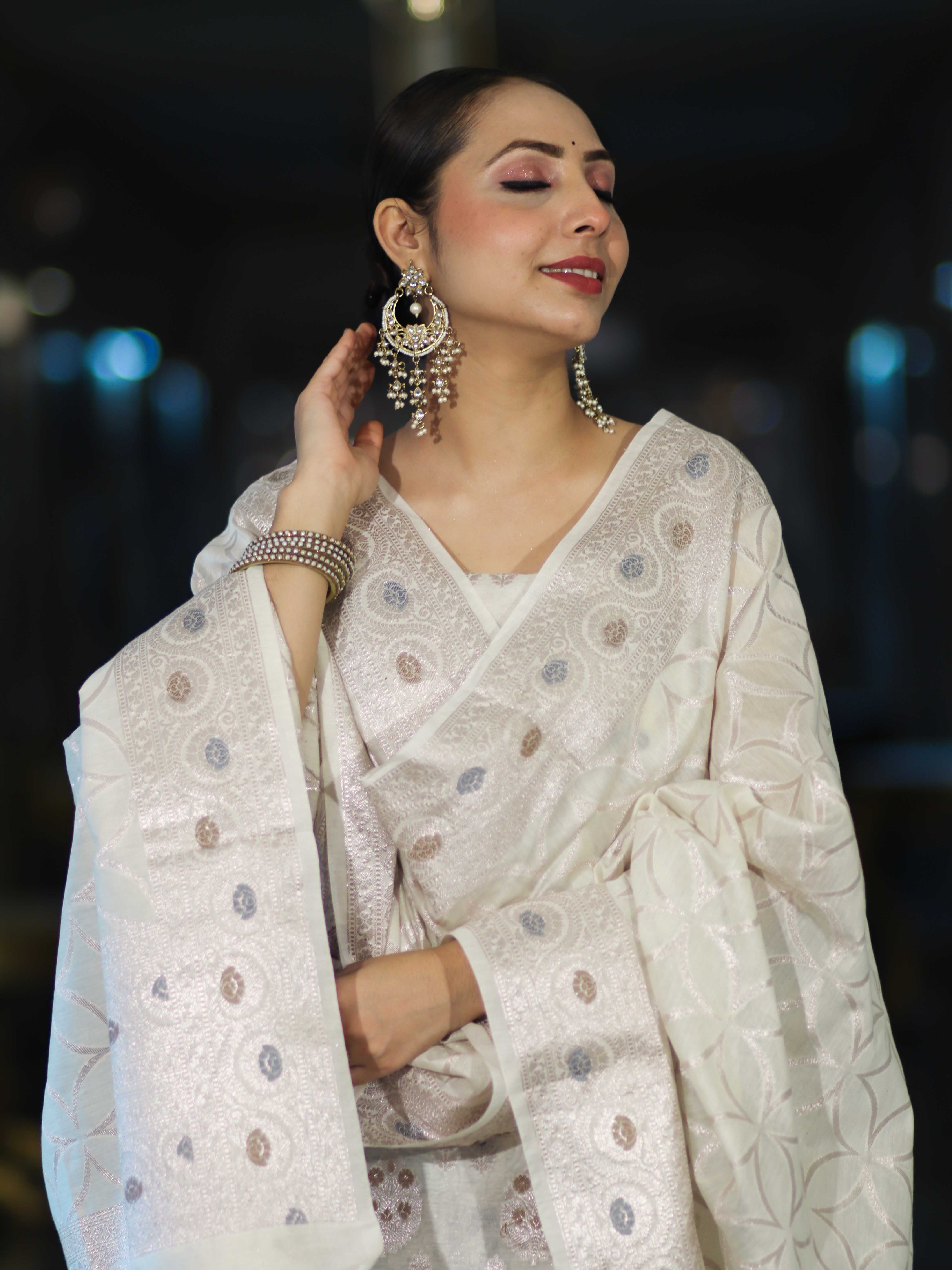 Banarasee Cotton Silk Zari Work Salwar Kameez Fabric With Dupatta Set-White