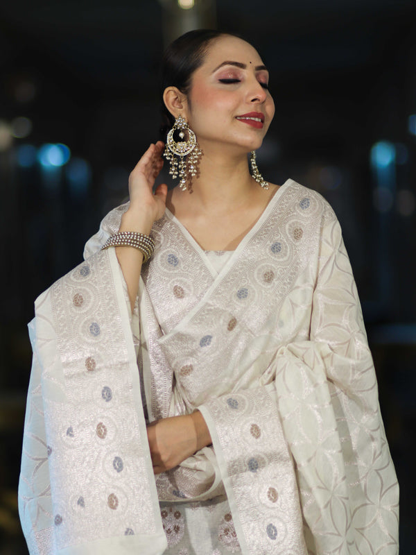Banarasee Cotton Silk Zari Work Salwar Kameez Fabric With Dupatta Set-White