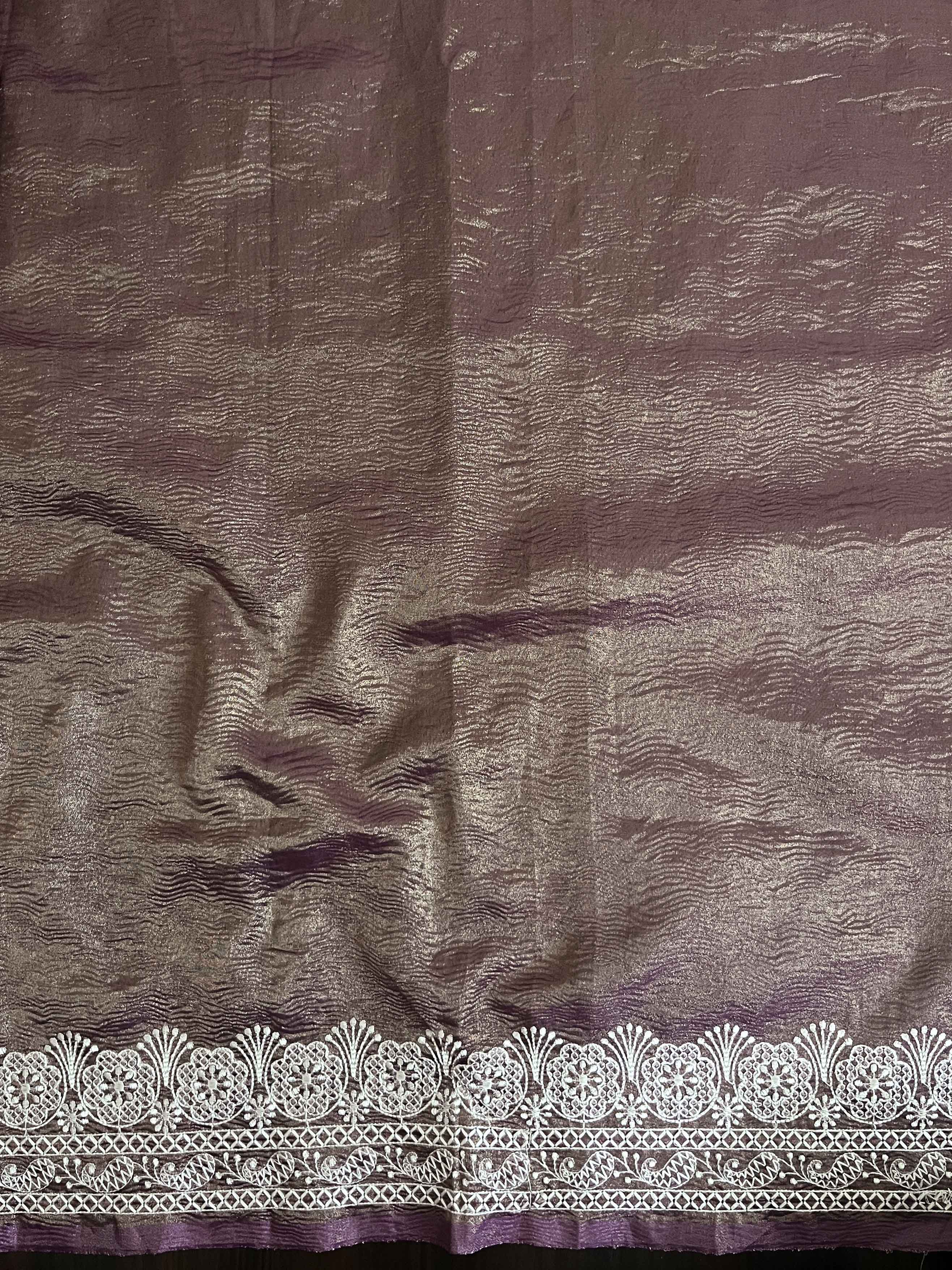Banarasee Handwoven Crushed Tissue Saree With Chikankari Work-Dark Brown