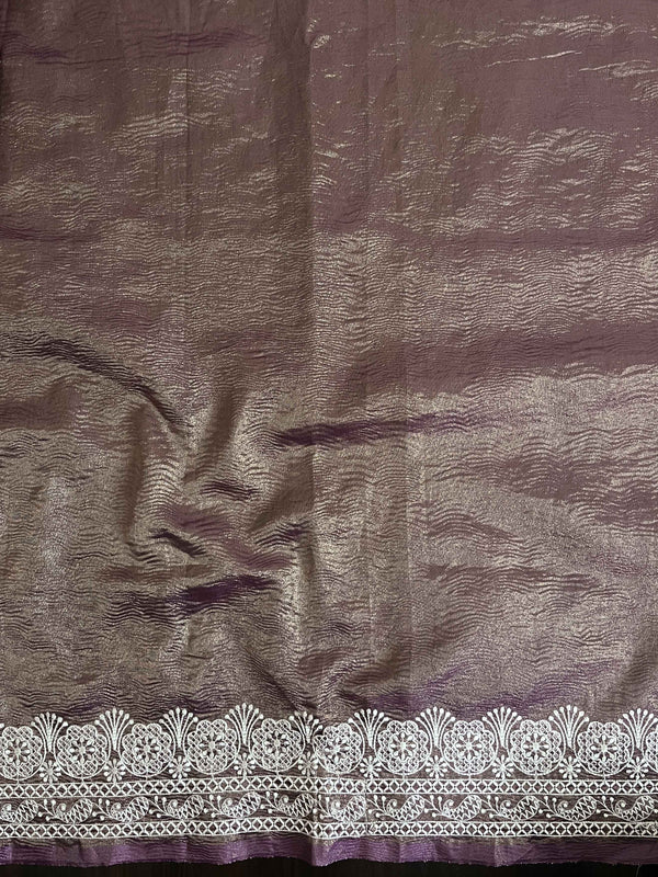 Banarasee Handwoven Crushed Tissue Saree With Chikankari Work-Dark Brown