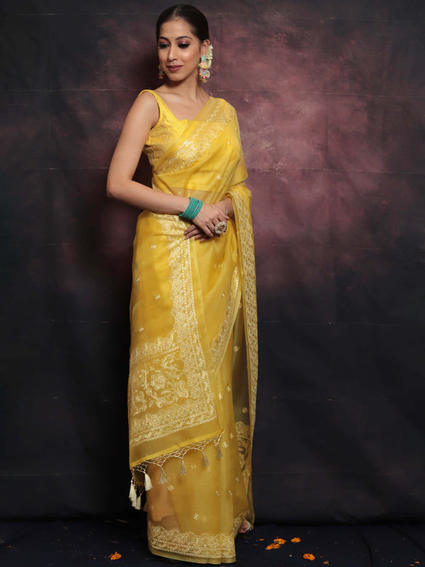 Banarasee Pure Organza Silk Saree With Floral Resham Embroidery-Yellow