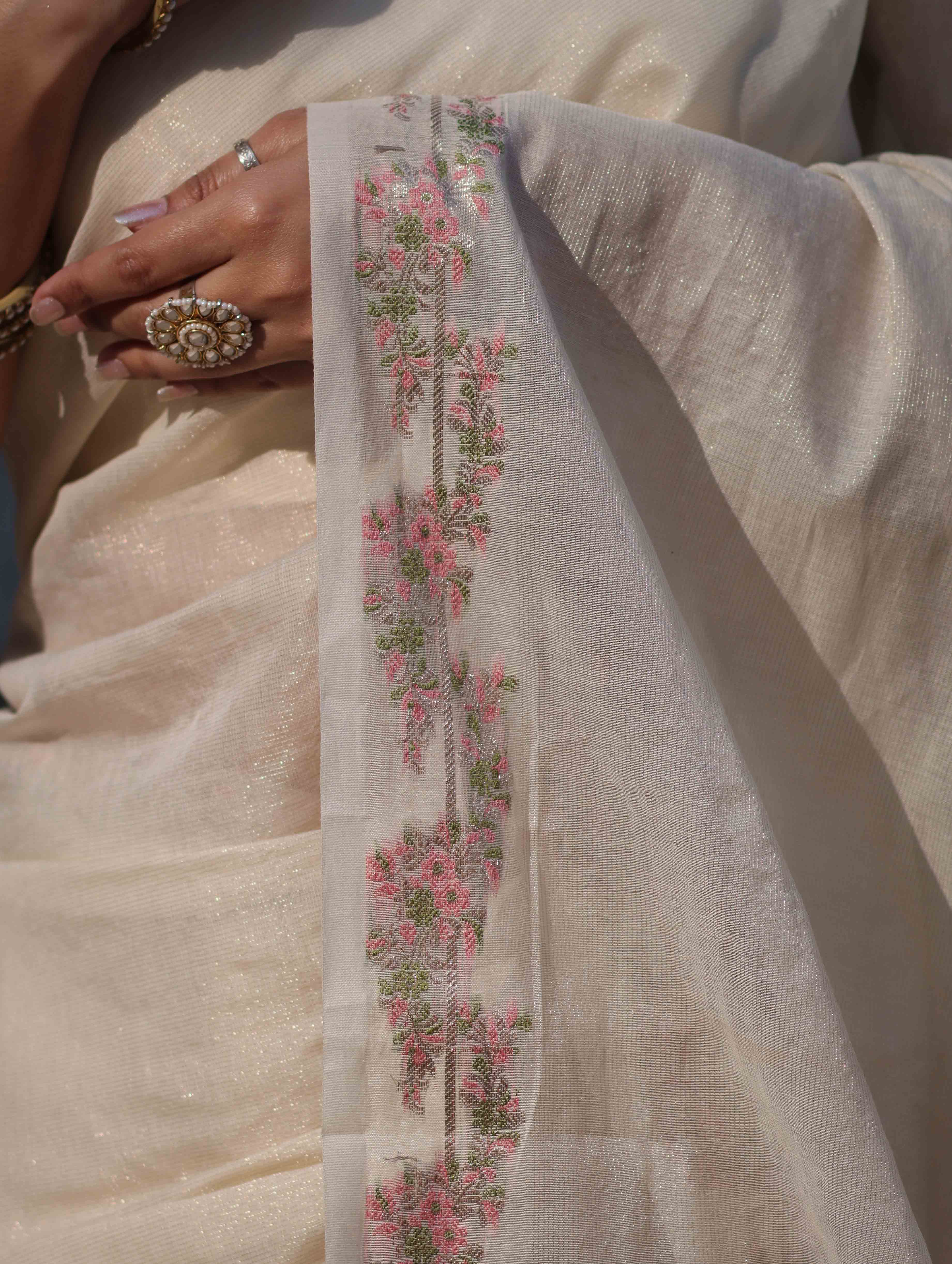 Banarasee Handloom Soft Tissue Shine Saree With Resham Floral Border-Off White