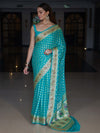 Banarasee Pure Chiffon Saree With Zari Buti Work & Floral Border-Turquoise
