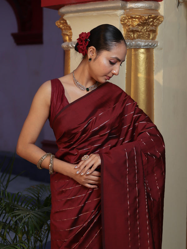 Banarasee Handloom Semi Silk Saree With Gold Zari Stripes-Maroon