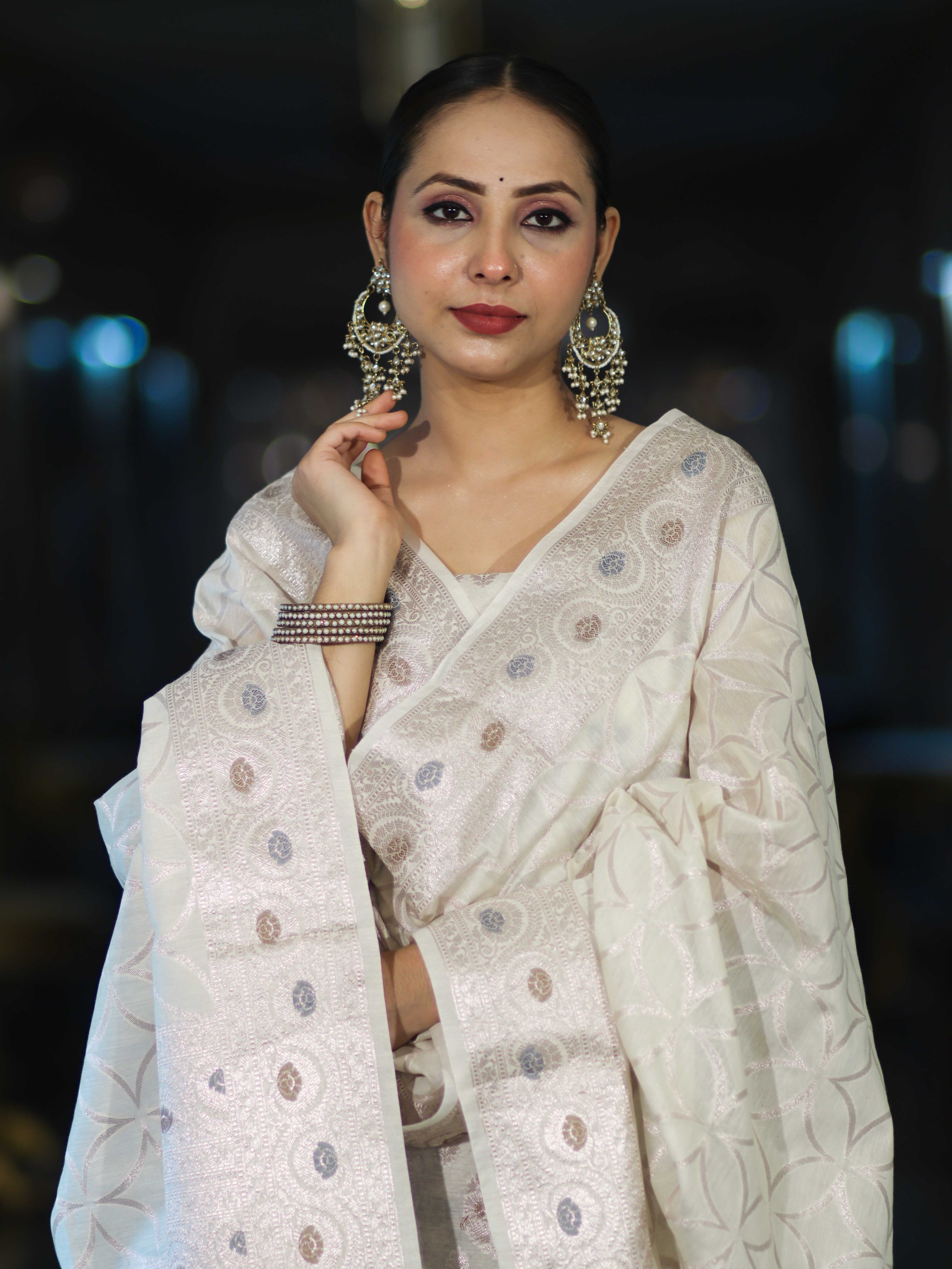 Banarasee Cotton Silk Zari Work Salwar Kameez Fabric With Dupatta Set-White