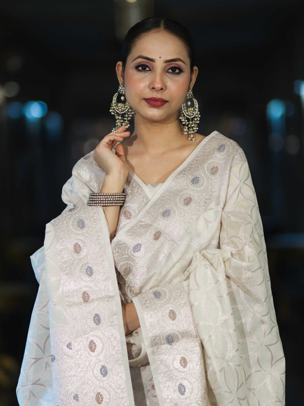 Banarasee Cotton Silk Zari Work Salwar Kameez Fabric With Dupatta Set-White