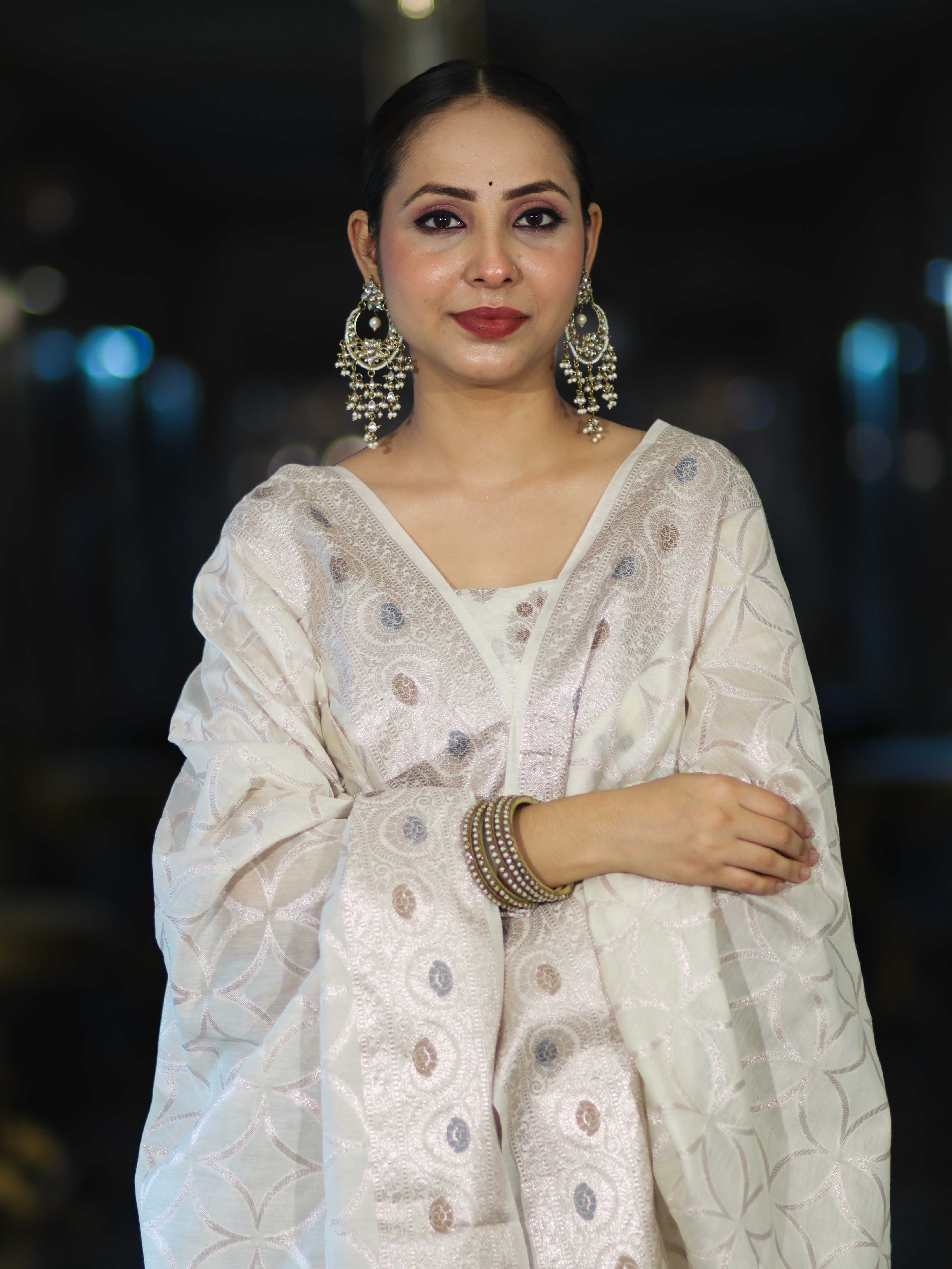 Banarasee Cotton Silk Zari Work Salwar Kameez Fabric With Dupatta Set-White