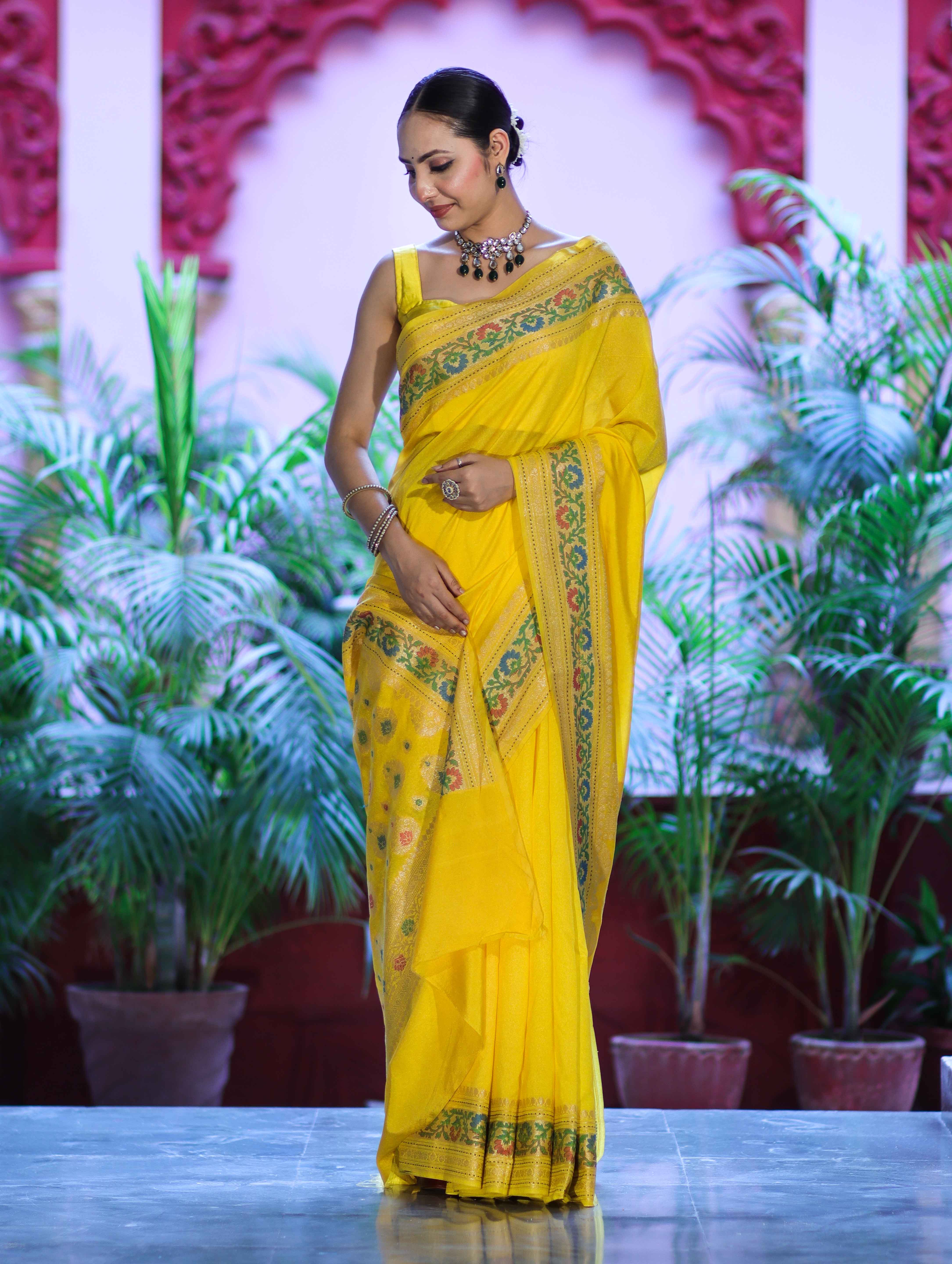 Banarasee Handloom Semi Silk Saree With Floral Zari Border & Meena Work Pallu-Light Yellow
