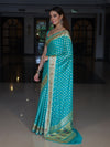Banarasee Pure Chiffon Saree With Zari Buti Work & Floral Border-Turquoise