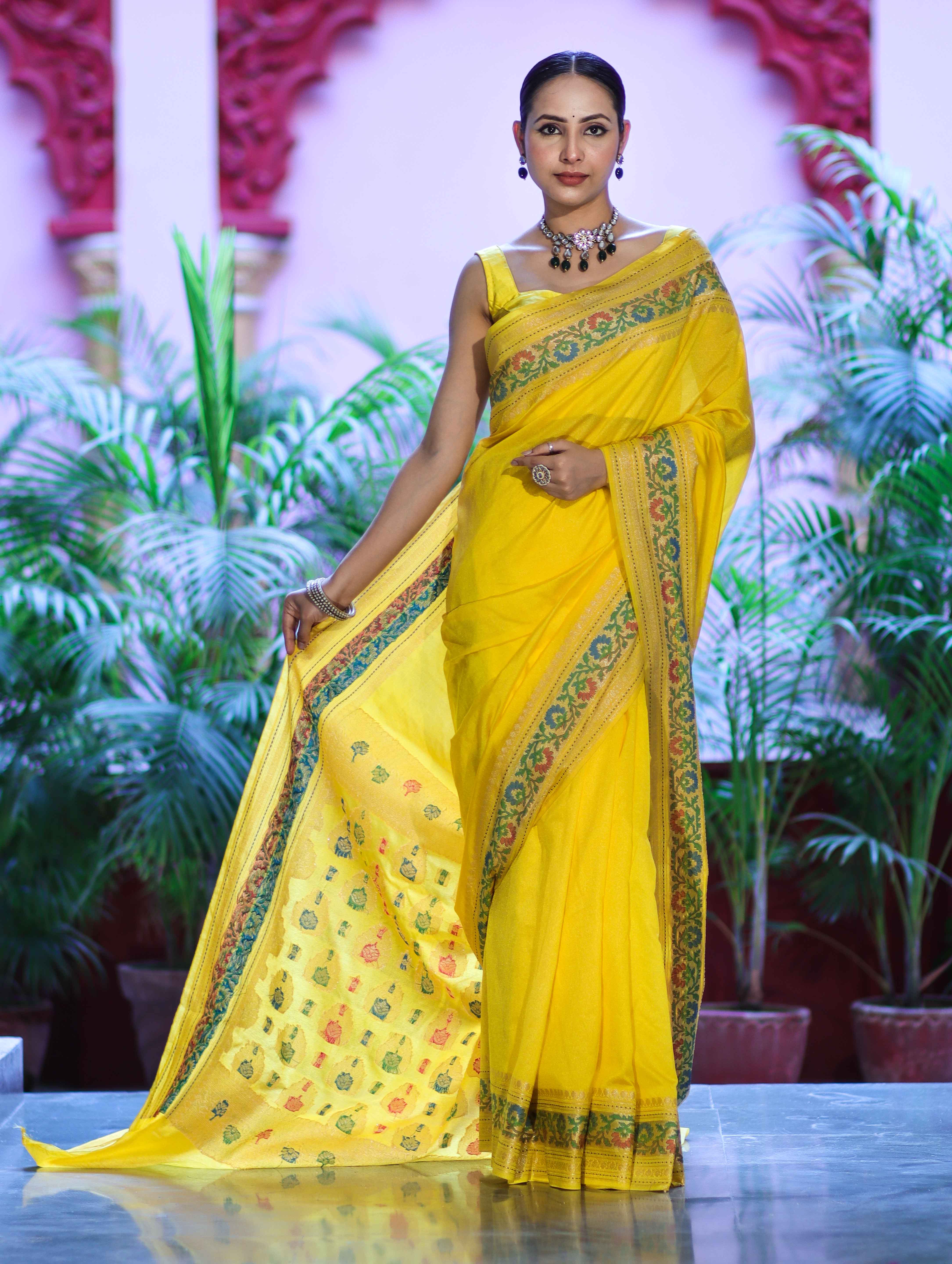 Banarasee Handloom Semi Silk Saree With Floral Zari Border & Meena Work Pallu-Light Yellow