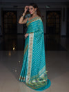 Banarasee Pure Chiffon Saree With Zari Buti Work & Floral Border-Turquoise